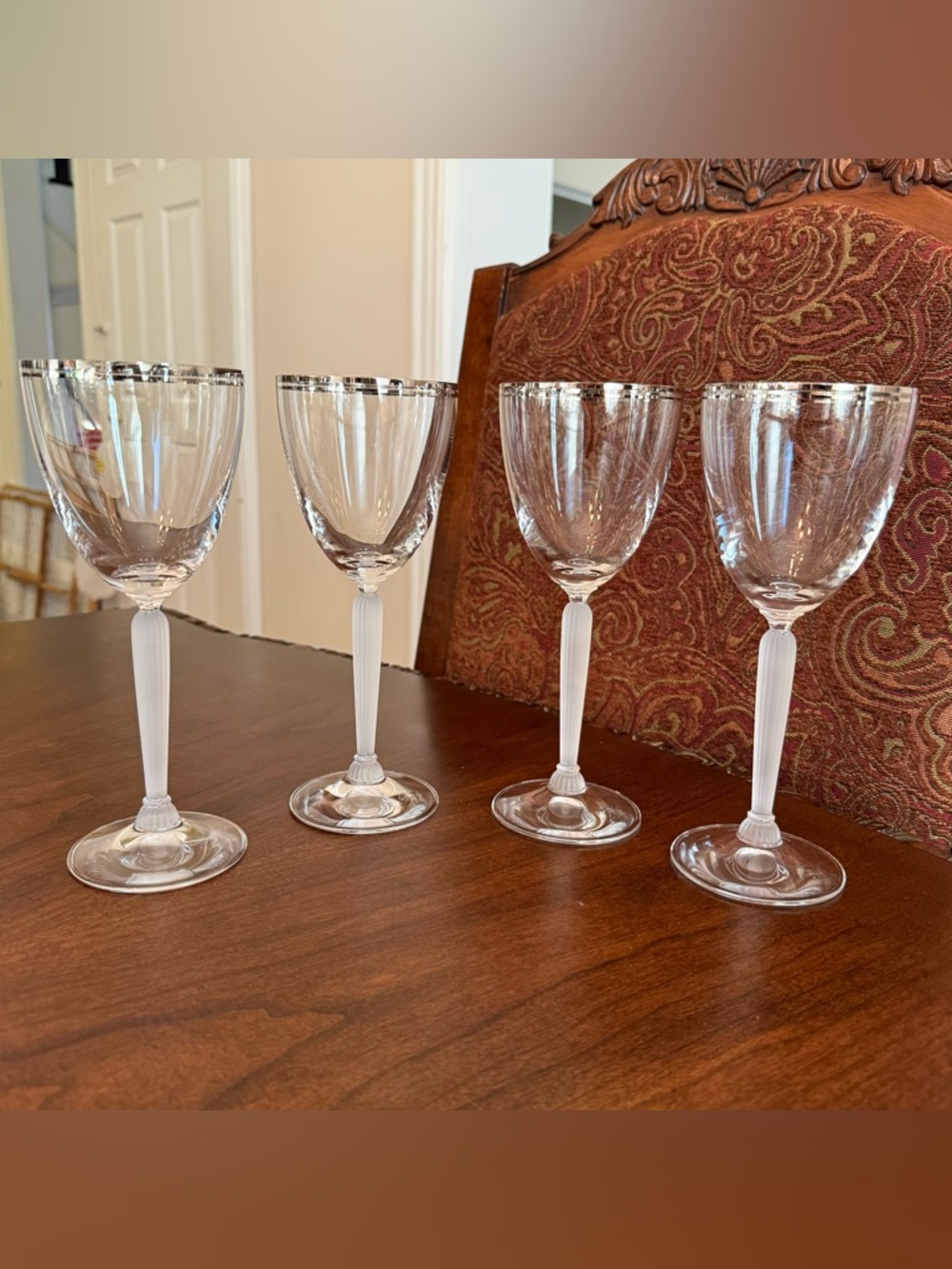 Set of 4 Lenox Federal Platinum Crystal Wine Glasses Frosted Ribbed Stem 8.25”H